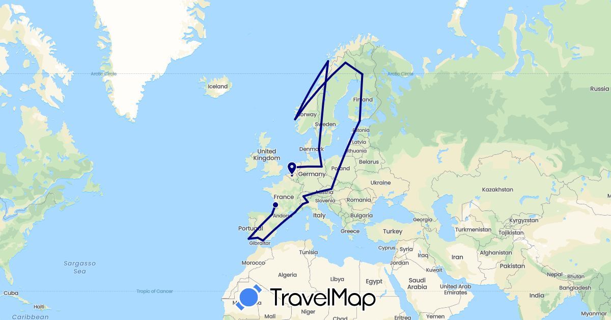 TravelMap itinerary: driving in Austria, Belgium, Switzerland, Germany, Denmark, Spain, Finland, France, Italy, Netherlands, Norway, Portugal, Sweden (Europe)
